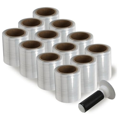 The Boxery 5" x 1,000 ft Clear Hand Stretch Wrap with Reusable Handle Included - 12 Rolls | Standard-Duty Film for Pallet Wrapping, Moving & Packaging