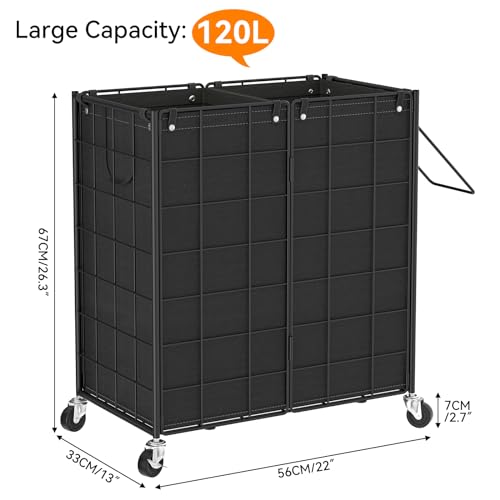 WOWLIVE Double Laundry Hamper with Wheels, Metal Rolling Laundry Basket - color: Black, size: 120l