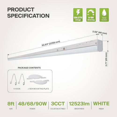 ASD 8ft LED Linear Strip Light Fixture, 3500K 4000K 5000K UL DLC - color: White, size: 8FT