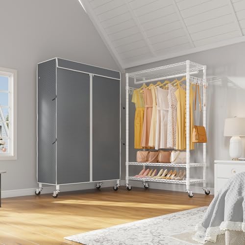 VIPEK R3C Covered Clothing Rack for Hanging Clothes Rolling Closet - color: White Rack with Gray Cover, size: R3C