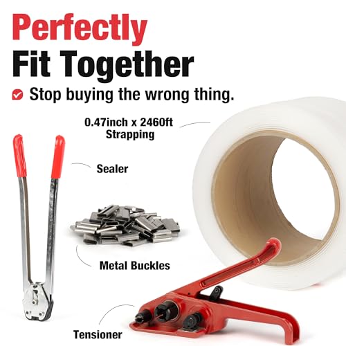 U.S. Solid Heavy Duty Packing Strapping Tensioner Kit 150 Metal Seals, 0.47" x 0.03" x 2460ft Polypropylene Strapping, Pallet Tensioner Sealing Tool - color: white