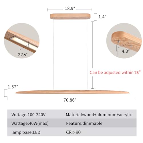 YISDESIGN 71" 40W Wood LED Linear Pendant Light Fixture Led Dining Room Light Dimmable Hanging Light Fixture for Dining Room Kitchen Island Pool Table Lights Natural Ash - color: Natural Ash, size: 71in