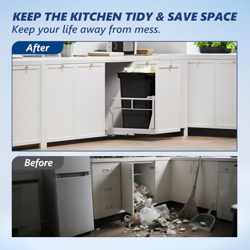 Insputer 10 Gal Pull Out Trash Can Under Cabinet with Tiltable 10° - color: Silver, size: Single-10Gal