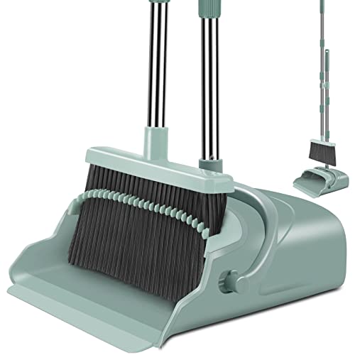 Upgrade Broom and Dustpan Set, Large Size and with Long Handle, Upright,Ideal for Indoor Outdoor Garage Kitchen Room Office Lobby Use (Green) - color: Green