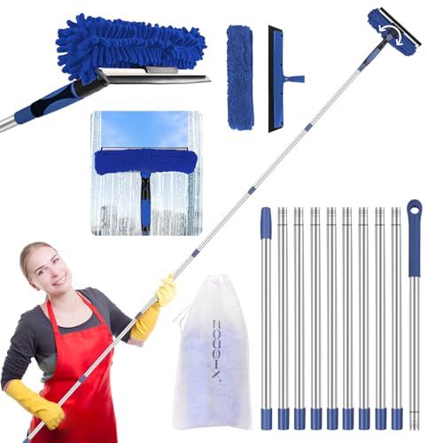 Window Squeegee Tool with Extension Pole: 20+ Feet Microfiber Scrubber Window Cleaning Kit for Rv Truck Bus Car Windshield - 3 to 14 Ft Spliceable Extendable Long Duster for High Outside Solar Panel - color: Blue