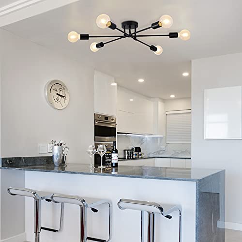 6-Light Sputnik Chandeliers, Black Modern Semi Flush Mount Ceiling Light with E26 Base, Mid Century Industrial Vintage Kitchen Farmhouse Light Fixtures for Dining Room Bedroom Living Room - color: Black