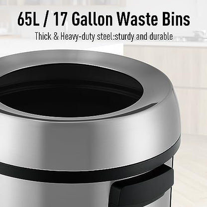 GarveeHome 65L/17 Gal Commercial Trash Can, Round Open Top Waste Bin, Large Stainless Steel Garbage Can, Outdoor Trash Bin with Wide Open and Dual Side Handle Design, for Office Bedroom Restaurant - style: Wide Open with Handle