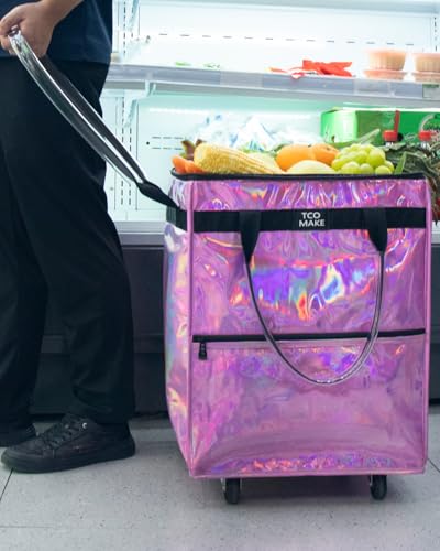 Medium Phantom Pink Reusable Grocery Bag on Wheels, Folding Rolling Tote - color: Phantom Pink, size: Medium