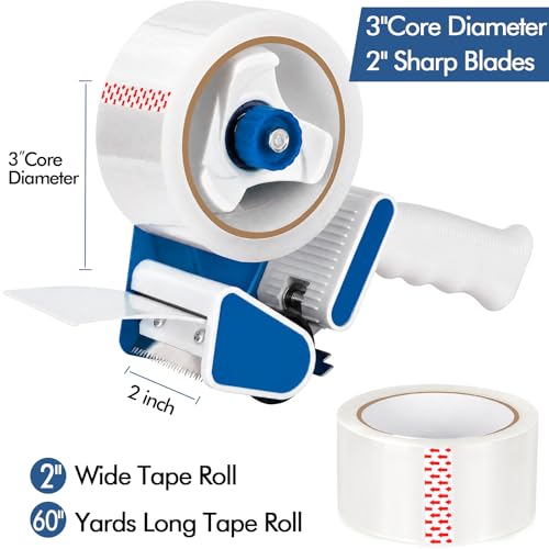 2 Pack Heavy Duty Packing Tape Dispenser Gun with 12 Pack Clear Packaging Tapes, 2 Inch Packaging Tape with Dispenser for Carton Sealing, Moving Boxes, Shipping (Blue) - color: Blue