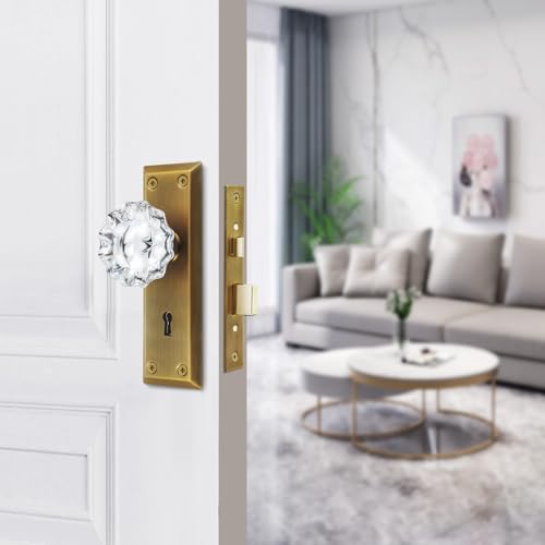 Mortise Lock Set for Interior Door with Crystal Glass Door Knobs - color: Antique Brass, size: Interior Mortise
