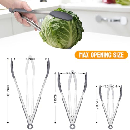 HOTEC Premium Stainless Steel Locking Kitchen Tongs with Silicon Tips, Set of 3-7", 9" and 12" (Grey) - color: Light Grey:12+9+7inch