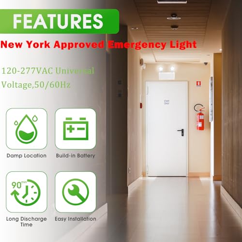 New York Certified LED Emergency Light, White Housing with Backup Battery, Two Adjustable Lamps Heads, 120-277V, Commercial Grade, Fire Resistant, UL Certified NYC-100 (2 Heads) - size: 2 HEADS