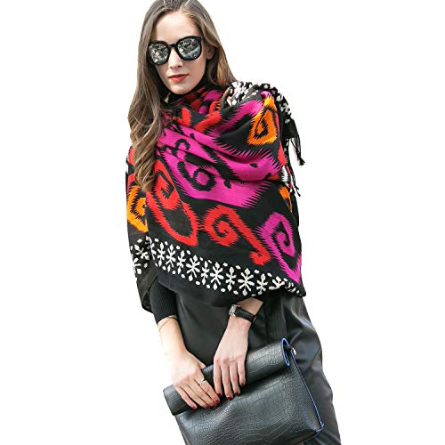 DANA XU 100% Merino Wool Extra Large Pashmina Shawl for Women - color: Black Pink Flame