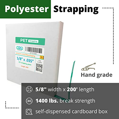 IDL Packaging 5/8" x .035" x 200' Mini Polyester (PET) Strapping Coil, 1400 lbs Breaking Strength, Green - UV, Water and Rust Resistance - Flexible and Strong Packaging Banding - Reduced Handling Cost - size: 5/8W" x 200L' (1400 lbs BS)