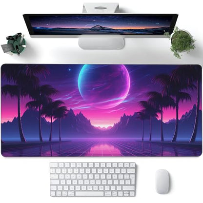 Large Gaming Mouse Pad for Desk,Cool Retrowave Landscape Desk Mat,Science Fiction Scene Desk Pad, Extended Big Computer Keyboard Mouse Pad with Non-Slip Base and Stitched Edge 35.4"x15.7" - color: Cool Retrowave Landscape, size: 15.7" x 35.4"