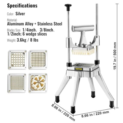 VEVOR Commercial Vegetable Fruit Chopper, Stainless Steel French Fry Cutter w/ 4 Blades 1/4" 3/8" 1/2", Vegetable Chopper Dicer w/Stainless Bowl, Heavy Duty Cutter for Potato Tomato Onion Mushroom - size: 1/4" + 3/8" + 1/2" + 6-Wedge Slicer