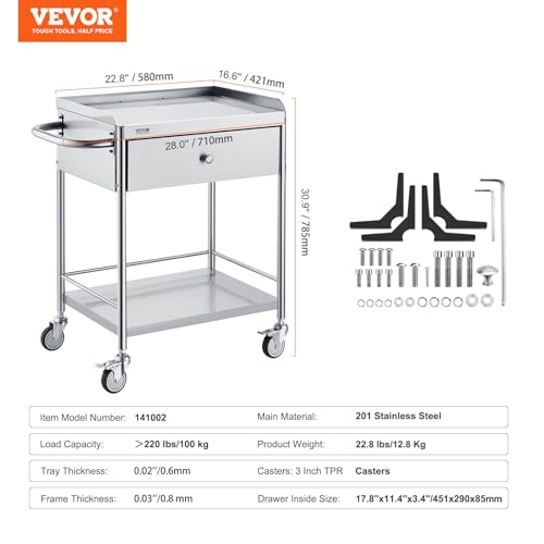 VEVOR Stainless Steel Utility Cart with Wheels - Medical/Dental Lab Cart - 2 Shelves/1 Drawer - style: Catering Cart
