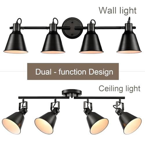 DIRYZON 4-Light Industrial Matte Black Adjustable Round Track Lighting, Semi Flush Mount Ceiling Light with Multi-Directional Heads for Kitchen, Living Room, Bedroom, Hallway, Dimmable - color: Black, size: 4-Light