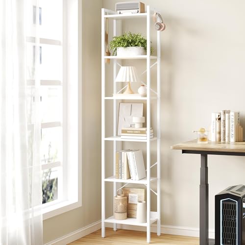 Hzuaneri Bookshelf, Book Shelf, Industrial Bookcase with 2 Hooks - color: White, size: 9.4"D x 15.4"W x 72.8"H