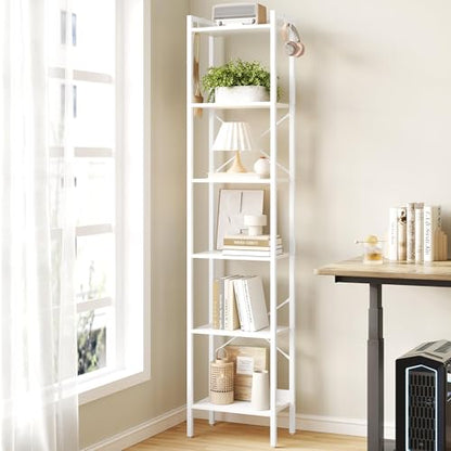 Hzuaneri Bookshelf, Book Shelf, Industrial Bookcase with 2 Hooks - color: White, size: 9.4"D x 15.4"W x 72.8"H