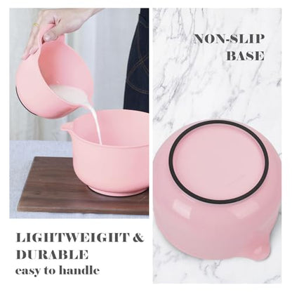 BoxedHome 4 Pack Nesting Mixing Bowl with Pour Spout and Handle, BPA free Microwave & Dishwasher Safe(Pink, 4 Pack with Handle) - color: Pink