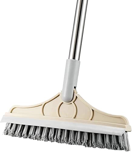 2 in 1 Cleaning Scrub Brush Grout Brush Scrape Floor Scrub Brush with Long Handle V-Shape Stiff Bristle Brush Scrubber with Squeegee 120°Rotating Shower Scruber for Cleaning Bathroom Glass Wall - color: Beige Color