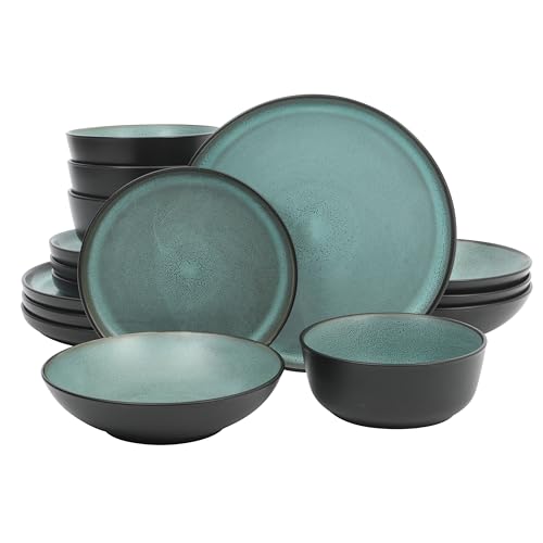 Gibson Elite Tribeca Loft 16-Piece Dinnerware Set – Matte Black and Green Reactive Glaze Stoneware, Double Bowl Round Plates and Bowls – Modern Rustic Tableware for 4, Dishwasher & Microwave Safe - color: Matte Black & Green (Tribeca Loft)