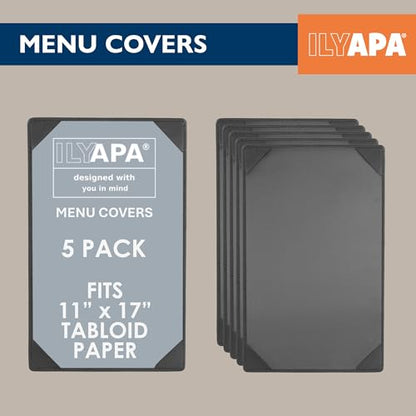 Ilyapa 5 Pack Restaurant Menu Covers 11 x 17 - Vinyl Leather Menu Holder, Single Sided Book with Corner Sleeves for Display of Wedding Menus, Weekly Kitchen Specials & Bar Drinks for Table Top - size: 11 x 17