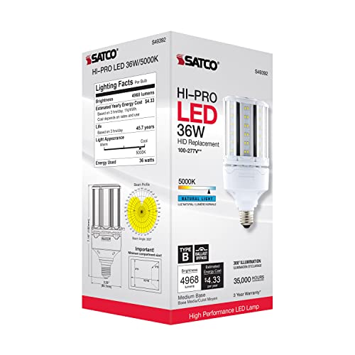 Satco S49392, 36W LED Corncob Bulb, HID Replacement, 5000K, Light Bulb