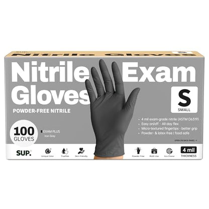 Nitrile+ SUP Exam Plus Gloves, Powder-Free Disposable, Black 100 Count - color: Small (Iron Grey)