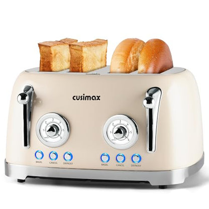 CUSIMAX Toaster 4 Slice, Retro Toaster with Wide Slots for Bagels, Cream - color: Cream