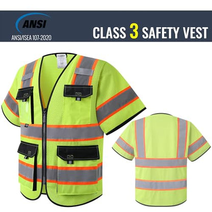 JKSafety Safety Vest for Men Women Hi Vis with Pockets and Cushioned Collar Construction Vest Meet ANSI Standard (BX360) - color: Class 3 Yellow, size: Large