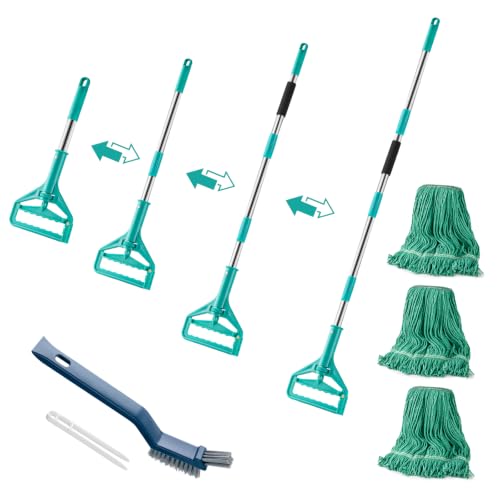 Commercial Mop with 3 Replacement Heads & 1 Handles, 64" Long Handle Heavy Duty Industrial Wet String Cotton Mop, for Concrete/Tile/Garage Floors-Home, Kitchen