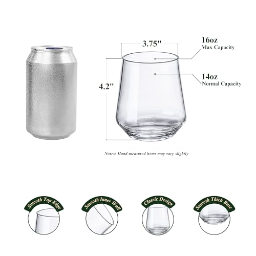 16oz Clear Stemless Wines Cups (Set of 6), Shatter-Proof Acrylic Glasses Drinkware, Reusable Plastic Bar Glasses, BPA-Free, Dishwasher-Safe