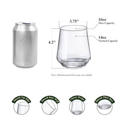 16oz Clear Stemless Wines Cups (Set of 6), Shatter-Proof Acrylic Glasses Drinkware, Reusable Plastic Bar Glasses, BPA-Free, Dishwasher-Safe