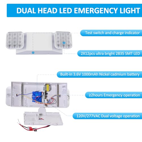Indoor Emergency Lights with Battery Backup (90 Minutes), 2 Adjustable LED Heads of Power Outage, Wall Mount, Hard Wired, Test Switch and Charge Indicator 120-277V, Fire Resistant (UL 94V-0) 4 Pack.