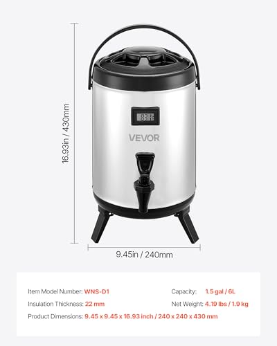VEVOR Insulated Beverage Dispenser, 1.5 Gal/6L Stainless Steel Thermal Drink Server with Spigot & Temp Display, Suitable for Hot and Cold Drinks, for Tea Coffee Water in Cafes & Restaurants, Silver - size: 1.5 Gal (1 Pack)