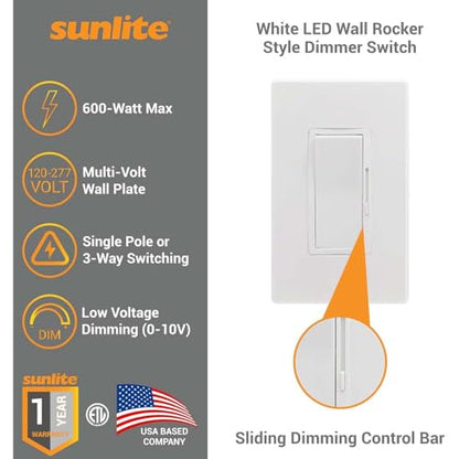 Sunlite LED Wall Rocker Style, Slide Bar Triac Dimmer Switch, Screwless Wall Plates Included, Single Pole or 3-Way Switching, 120 Volts, 200W Max for LED, 600W Max for Incandescent, White, 1 Pack - color: 1 Pack