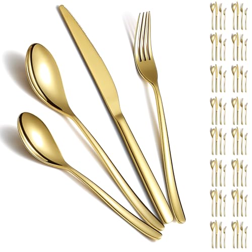 Berglander Gold Silverware Set 48pcs Service for 12, Golden Titanium Plating Stainless Steel Flatware Set, Gold Spoons Forks Knives Set for Home, Wedding, Restaurant, Hotel, Dishwasher Safe - color: c. 48 Pcs