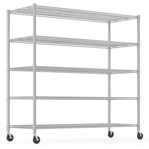 Himimi 60" W Storage Shelves, 5-Tier Wire Shelving with Wheels 3250LBS Heavy Duty Metal Shelves for Storage, Adjustable Wire Rack Shelving for Garage Kitchen Pantry 24" Dx60 Wx82 H, Silver - color: Silver, size: 24"D×60"W×82"H, 5-Tier