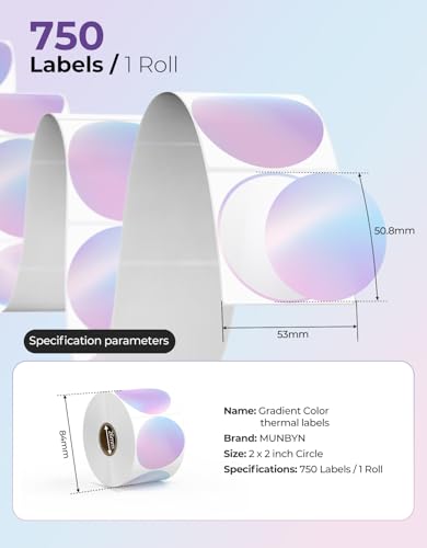 MUNBYN 2 Inch Round Thermal Labels for Businesses, 750 Sheets/1 Roll - color: Gradient Purple, size: 2"