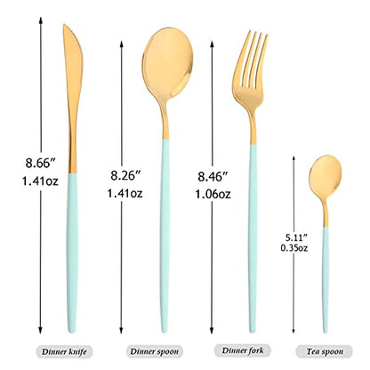 Mirror Cutlery Serving Set, 24-piece 18/0 Stainless Steel Silverware With Mint Green Handle Simple & Modern Tableware For Home Party Dinner, Service For 6 (Mint Green Gold) - color: Mint green gold