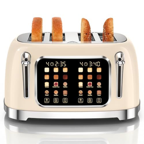 Retro 4 Slice Toaster Touch Screen with Wide Slots, Cream Color - color: Cream