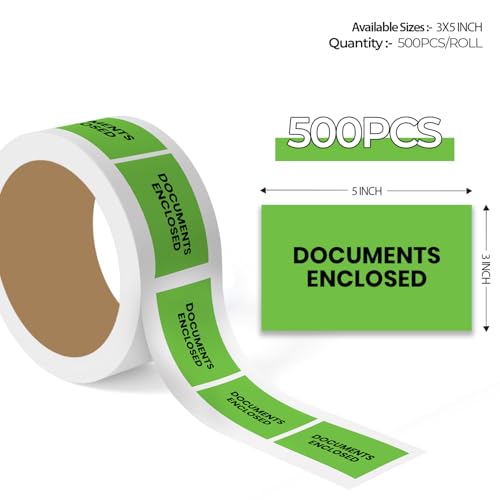 StickerJet Documents Enclosed Labels 3"x5" – 500 Pcs Adhesive Roll for Shipping, Packing, Warehousing & Handling Instructions﻿– Easy Peel & Stick Warning Stickers – Made in USA - color: Documents Enclosed