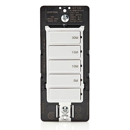 Leviton Countdown Timer Switch for bathroom fan and household lights, 5-10-15-30 min, No Neutral Required, Single Pole, 15A, 1/2 HP/9.8A Fan/Motor, DT130-1LW, White - size: 15 Amp