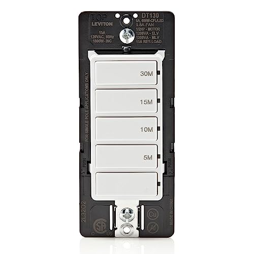 Leviton Countdown Timer Switch for bathroom fan and household lights, 5-10-15-30 min, No Neutral Required, Single Pole, 15A, 1/2 HP/9.8A Fan/Motor, DT130-1LW, White - size: 15 Amp