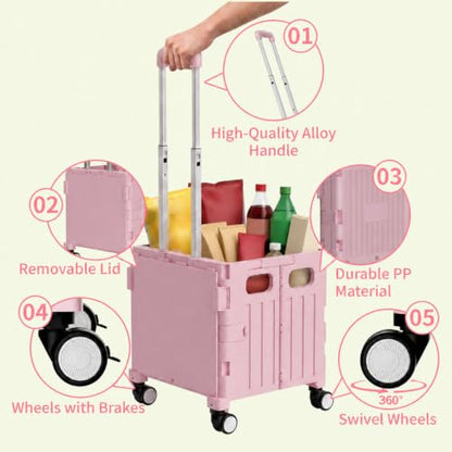 Foldable Shopping Cart with Wheels: Pink Rolling Utility Crate - color: Pink