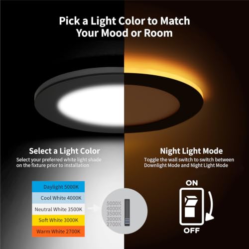 Meconard 4 Pack 6 Inch 5CCT LED Recessed Lighting with Night Light, Black - color: Black, size: 6 Inch