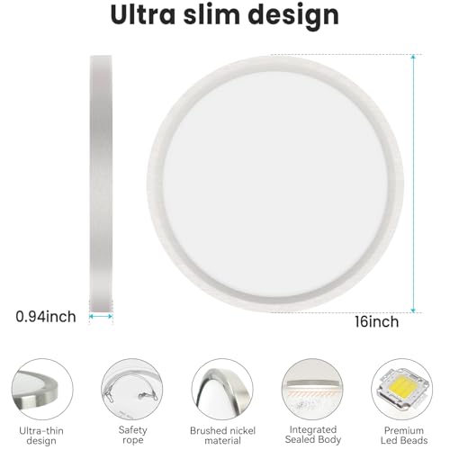 libtit 16Inch Flush Mount LED Ceiling Light Fixture, 3000K 4000K 6500K Adjustable, 36W 3600lm Brushed Nickel Satin Round Ceiling Lamp for Bathroom Shower Hallway Kitchen, 4 Pack - color: Brushed Nickel, size: 16in-4Pack