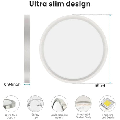 libtit 16Inch Flush Mount LED Ceiling Light Fixture, 3000K 4000K 6500K Adjustable, 36W 3600lm Brushed Nickel Satin Round Ceiling Lamp for Bathroom Shower Hallway Kitchen, 4 Pack - color: Brushed Nickel, size: 16in-4Pack